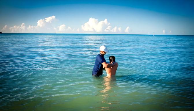 A man baptizing a younger man in the ocean in Florida