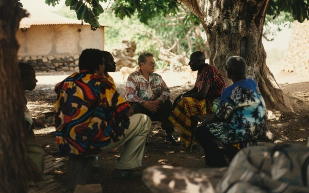 A group of African men sitting under a tree with an American man practicing Bible storytelling