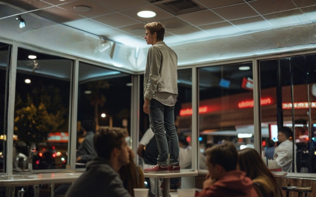 A young man standing on a table preaching the Gospel at In-N-Out